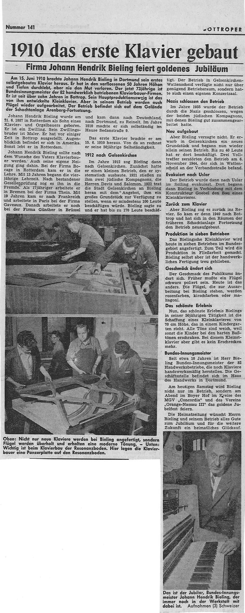 Firma Johann Hendrik Bieling feiert goldenes Jubiläum Firma Johann Hendrik Bieling feiert goldenes Jubiläum